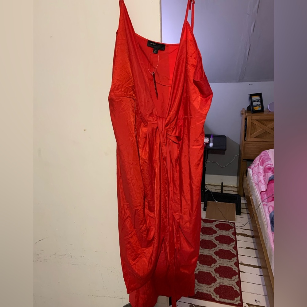 Red plus size belted wrap hem cami dress from SHEIN